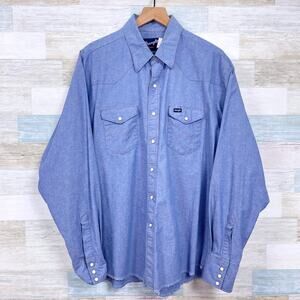 Wrangler Vintage Western Shirt Blue Pearl Snap Button Long Sleeve Mens XL